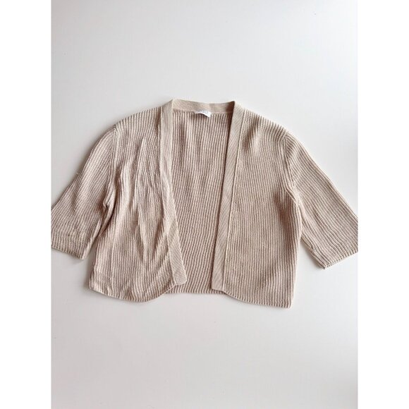 AKRIS PUNTO Beige Cotton Pointelle Knit Open Cardigan Shrug Sweater, Size 10 - Picture 5 of 12